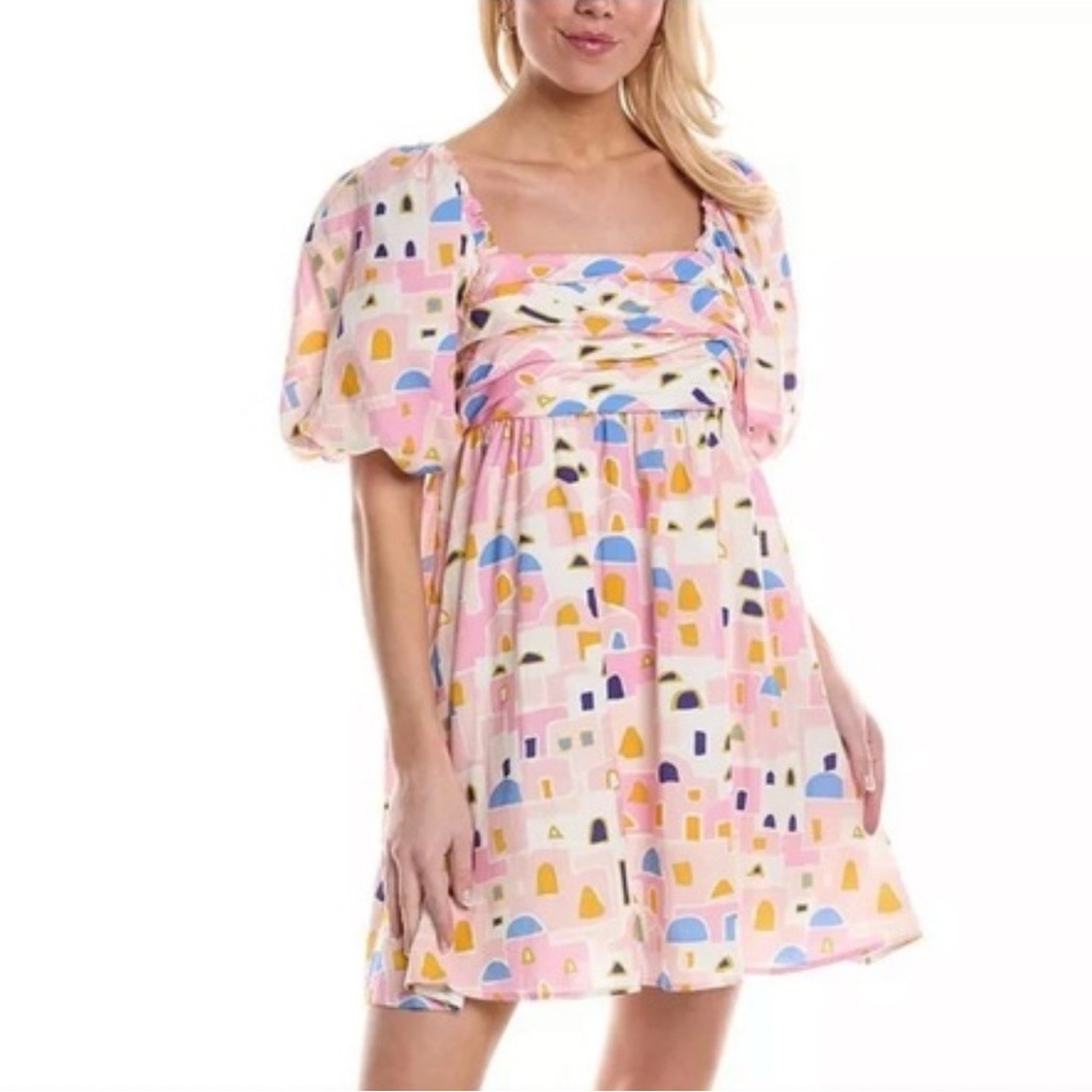 New Crosby Mollie Burch Small Colorful Geometric Puff Sleeve Mini Dress